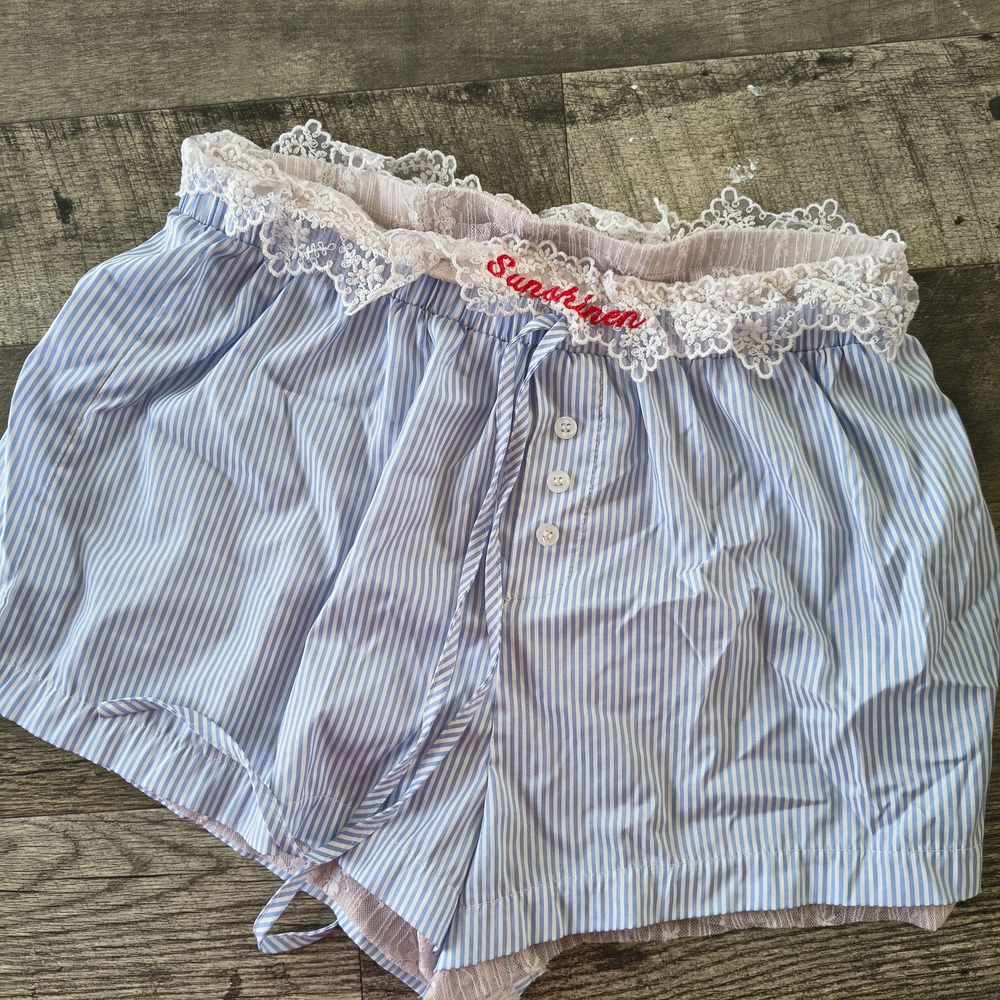 Striped Blue Lace Trim Sleep Shorts